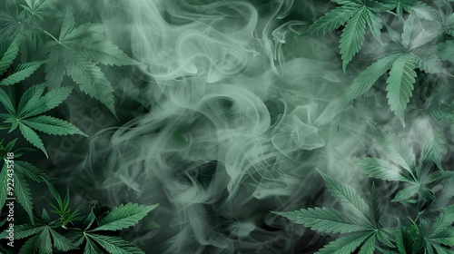 Marijuana leaves on a smoke background, close up top view on cannabis leaves and branches on smoke background for alternative medical and marketing design concept