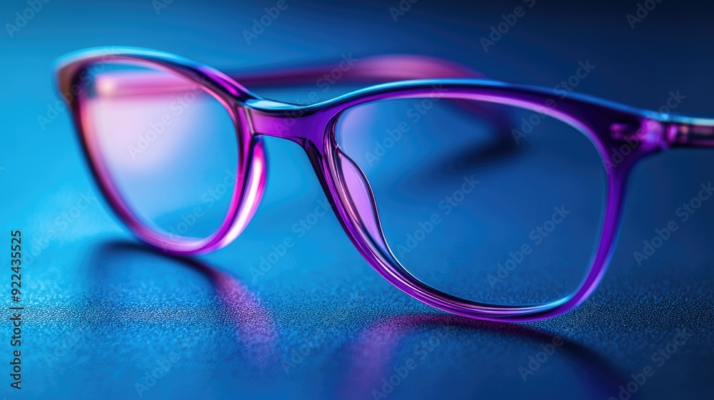 Glasses with a purple frame resting on a blue surface, the colors creating a harmonious and visually pleasing image. Glasses with a purple frame resting on a blue surface, the colors creating a harmonious and visually pleasing image.