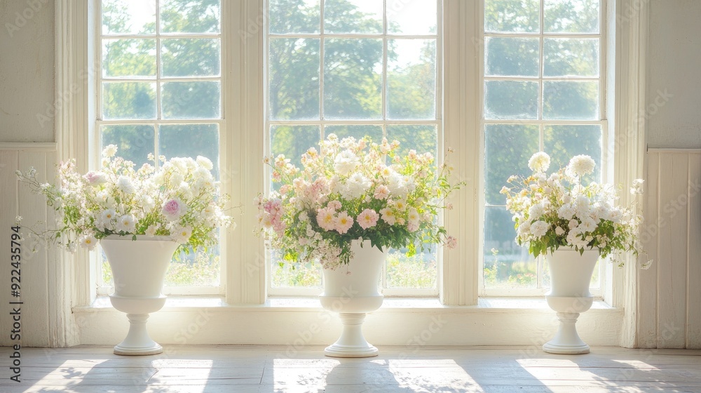 Light floods a room through two large windows, highlighting the beauty of white vases filled with fresh, blooming flowers. Light floods a room through two large windows, highlighting the beauty of white vases filled with fresh, blooming flowers.