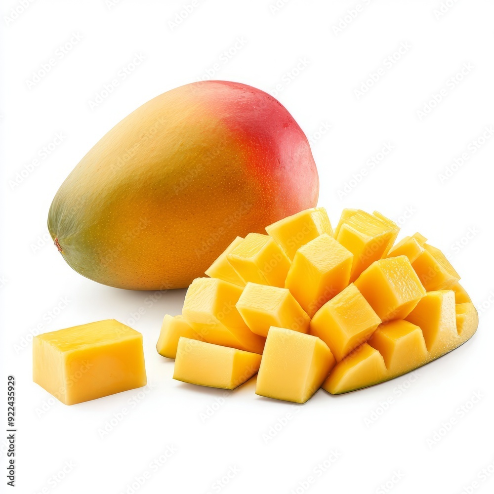 Close up of Mango fruit with mango cubes and slices on an isolated white background Close up of Mango fruit with mango cubes and slices on an isolated white background