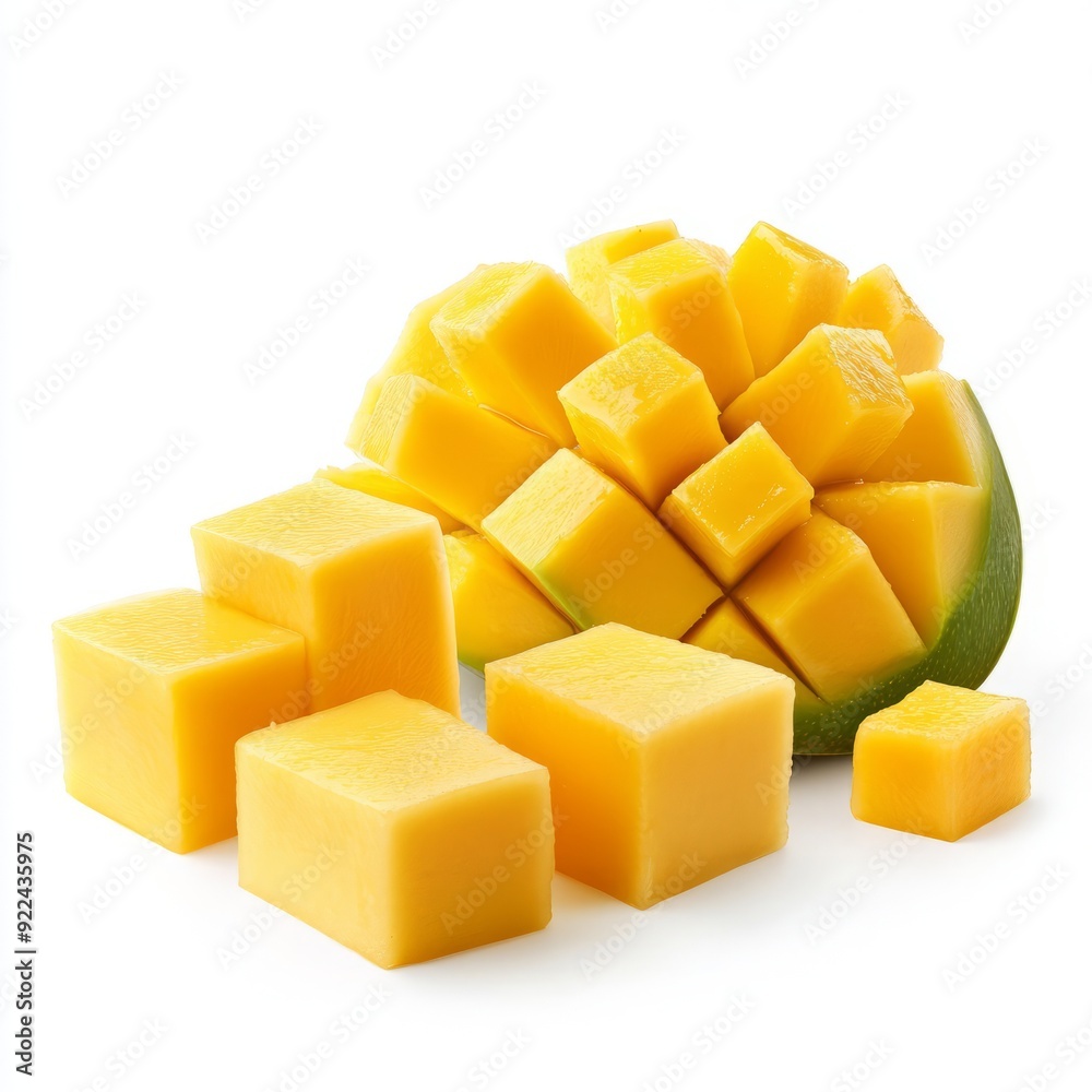 Close up of Mango fruit with mango cubes and slices on an isolated white background Close up of Mango fruit with mango cubes and slices on an isolated white background