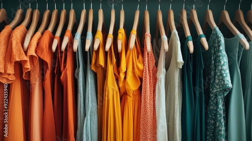 A vivid assortment of dresses in various shades of orange, blue, and teal are displayed neatly on wooden hangers, showcasing a stylish and organized wardrobe selection.