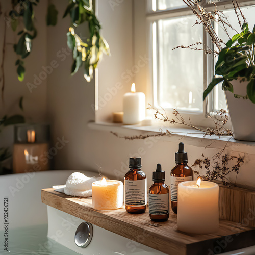 Relaxing bathroom with candles, essential oils, and a bathtub.