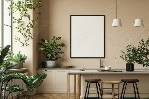 Minimalist Kitchen interior with Poster Mockup created with Generative AI