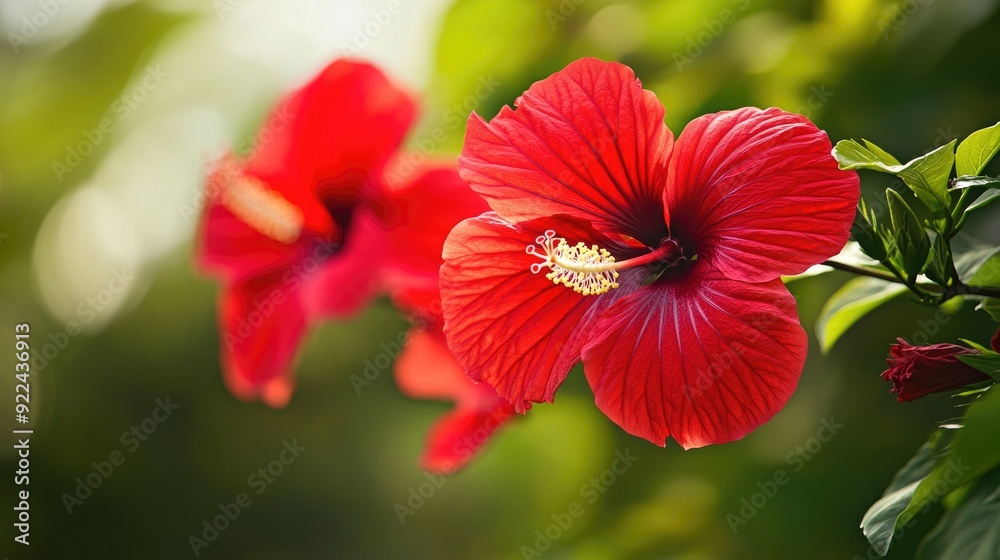 Hibiscus Flowers in a Garden: Vibrant red hibiscus flowers blooming in a garden, illustrating the tropical beauty and diversity of Indian flora. Hibiscus Flowers in a Garden: Vibrant red hibiscus flowers blooming in a garden, illustrating the tropical beauty and diversity of Indian flora.