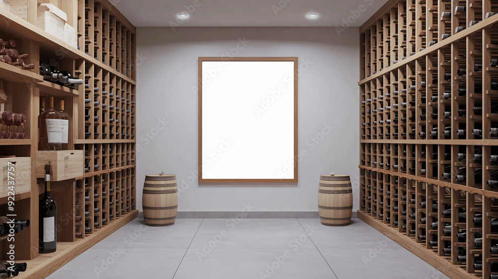 White frame on a classy wine cellar with wooden racks1 White frame on a classy wine cellar with wooden racks1
