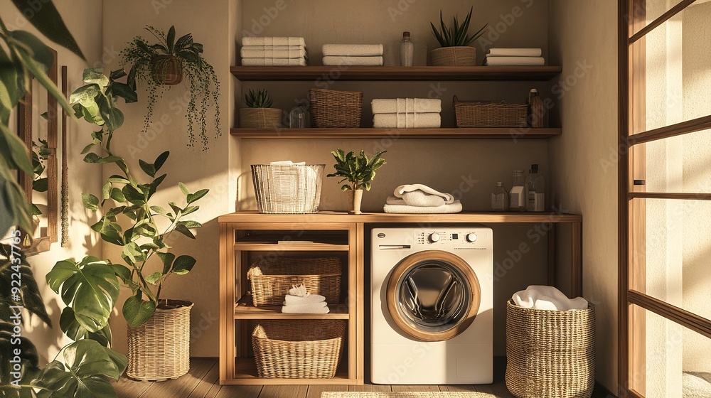 Design a cozy, bohemian-style laundry room with earthy tones and natural materials. The space should feature a washing machine, open wooden shelves with neatly stacked linens, Design a cozy, bohemian-style laundry room with earthy tones and natural materials. The space should feature a washing machine, open wooden shelves with neatly stacked linens,