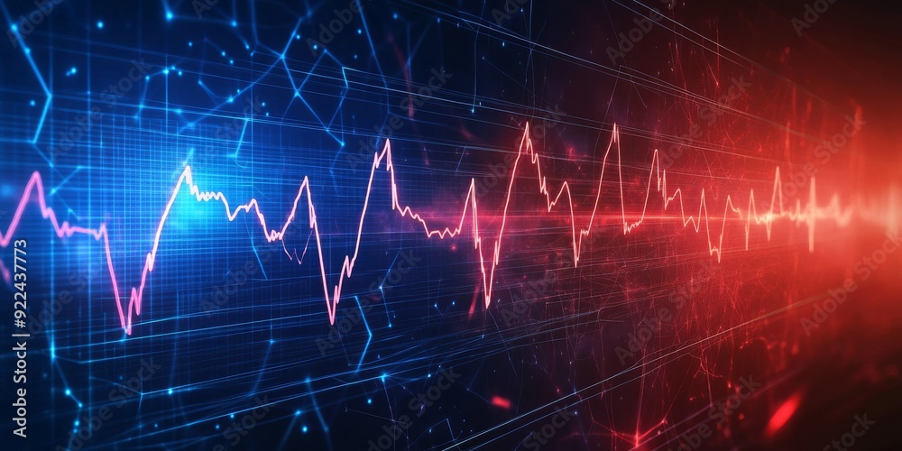 This captivating image vividly illustrates the intricate electrical activity of the heart, showcasing a detailed cardiogram where blue and red lines artistically represent distinct heartbeat patterns This captivating image vividly illustrates the intricate electrical activity of the heart, showcasing a detailed cardiogram where blue and red lines artistically represent distinct heartbeat patterns