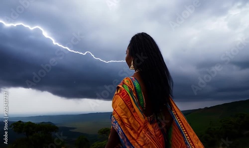 Nigerian Woman Standing Strong on Hilltop During Thunderstorm