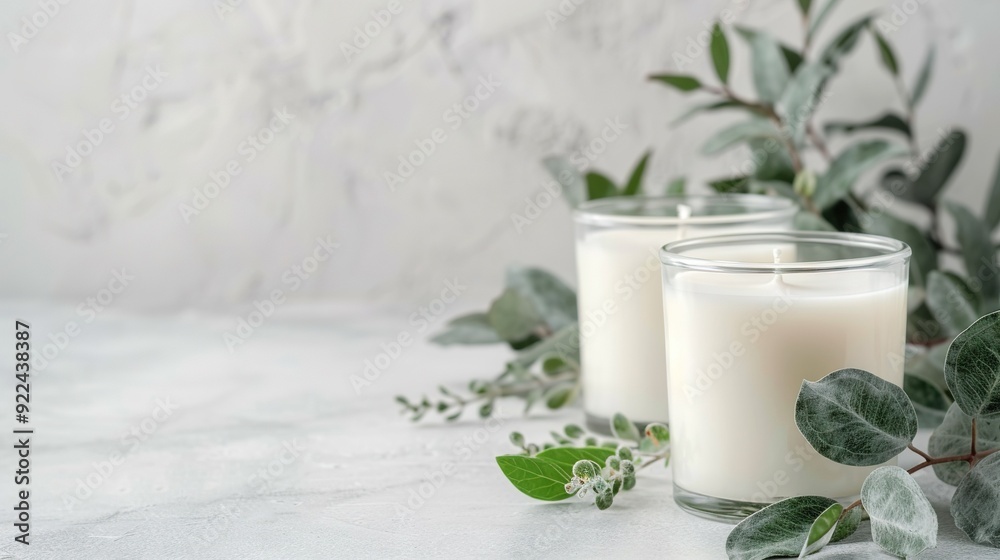 Two candlesticks perched atop a white tabletop beside a lush green foliage Two candlesticks perched atop a white tabletop beside a lush green foliage
