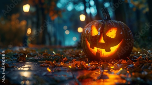 pumpkins with faces glowing from within in a forest. halloween concept