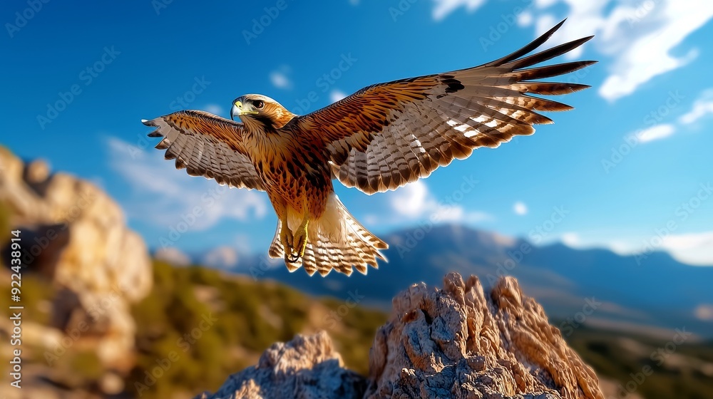 Obraz premium A wildlife image of a hawk soaring above a mountain range, symbolizing vision and freedom in entrepreneurship.
