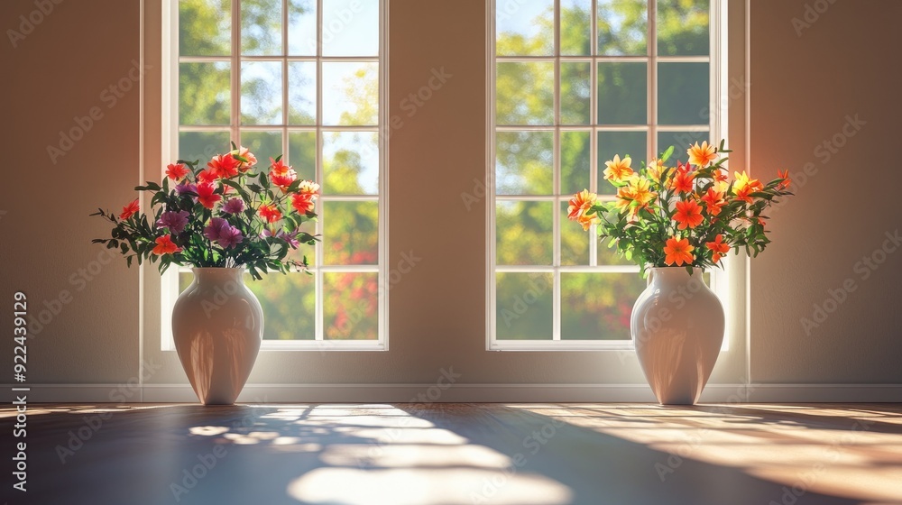 Fototapeta premium Two large windows in a room, each showcasing a white vase filled with vibrant flowers, casting soft shadows on the floor.