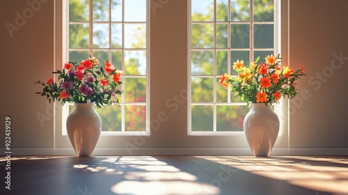 Two large windows in a room, each showcasing a white vase filled with vibrant flowers, casting soft shadows on the floor.