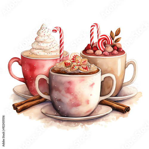 Watercolor Christmas Hot Cocoa Mugs isolated on a Transparent Background, Holiday Season, Hot Cocoa, Transparent PNG Background photo