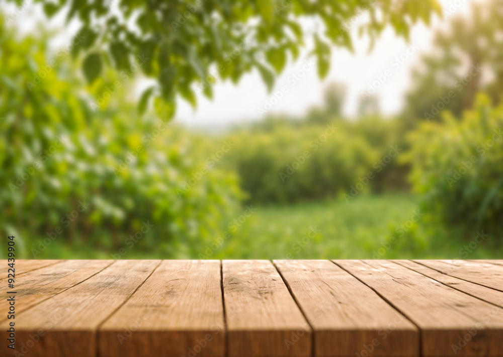 The empty wooden table top with blur background of tomato tree The empty wooden table top with blur background of tomato tree