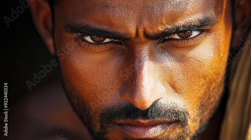 Indian Man with a Serious Expression: A close-up of an Indian man with a serious expression, highlighting his strong features and determined gaze.