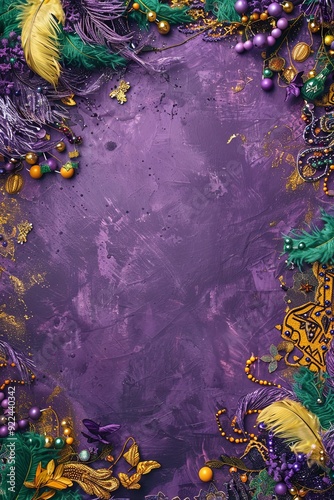 Purple and gold Mardi Gras celebration background with feathers, beads, and masks.