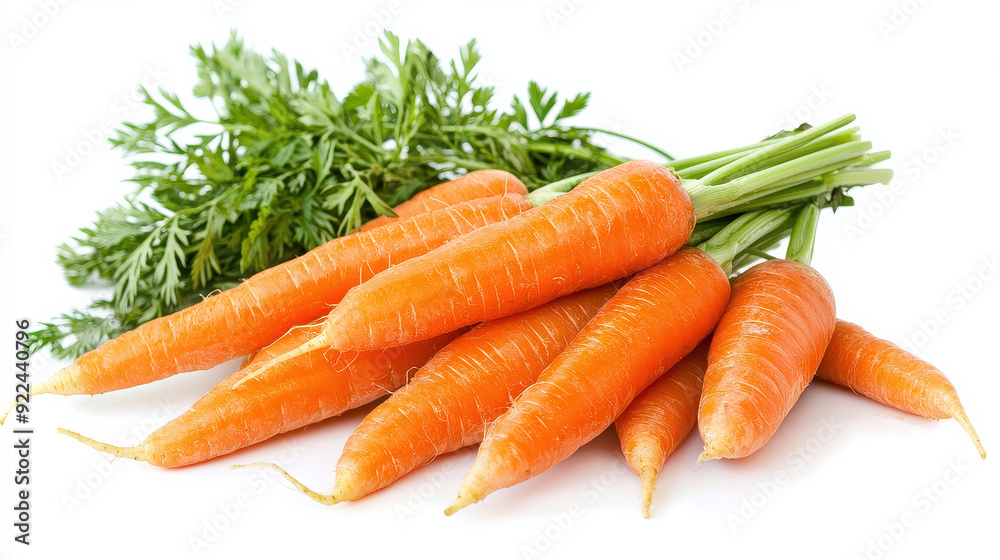 A bunch of fresh, vibrant orange carrots with green leaves still attached, showcasing their farm-fresh quality and appealing natural appearance. A bunch of fresh, vibrant orange carrots with green leaves still attached, showcasing their farm-fresh quality and appealing natural appearance.
