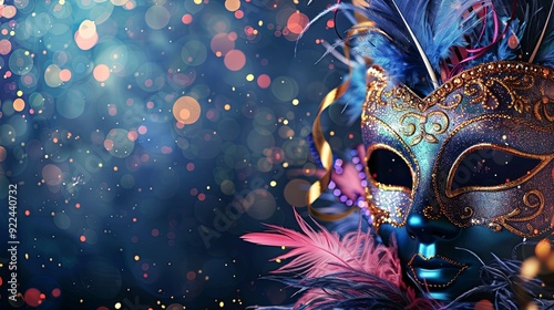 A blue and gold masquerade mask with feathers and glitter on a blue bokeh background.