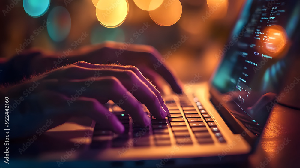 a male working on a laptop computer, his hands on the keyboard