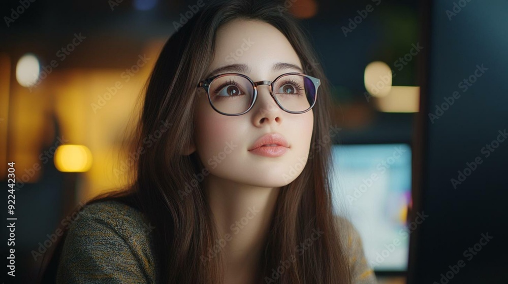 A young woman with glasses looks thoughtfully into the distance while sitting at a desk.  She appears to be working late at night.