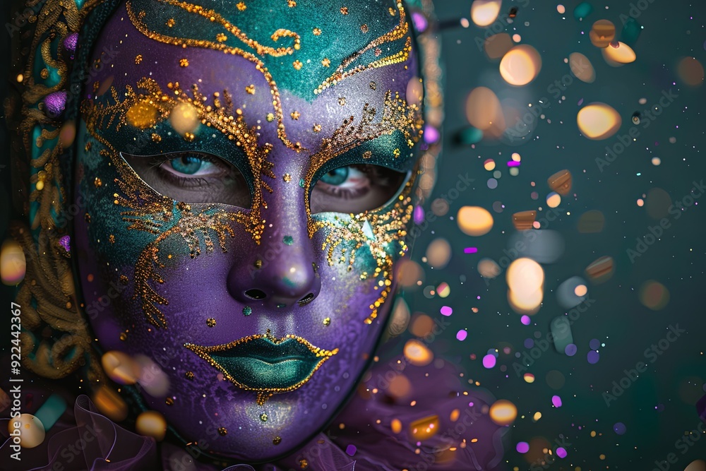 A close-up of a purple and gold masquerade mask with blue eyes and a green mouth. The mask is surrounded by a bokeh of lights. A close-up of a purple and gold masquerade mask with blue eyes and a green mouth. The mask is surrounded by a bokeh of lights.