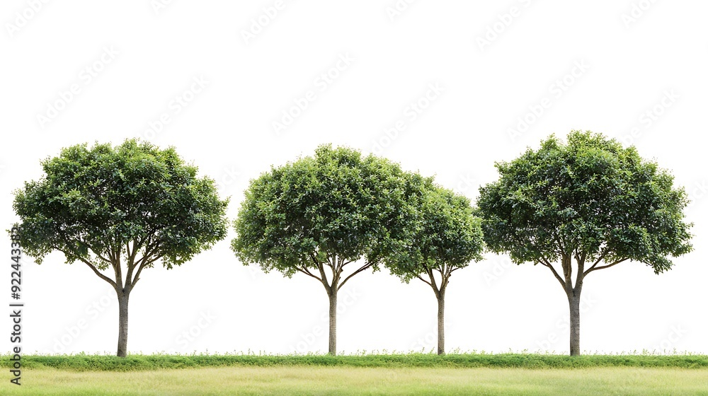 Fototapeta premium Five Perspective Trees with Intricate Branches on White Background, Sticker Design