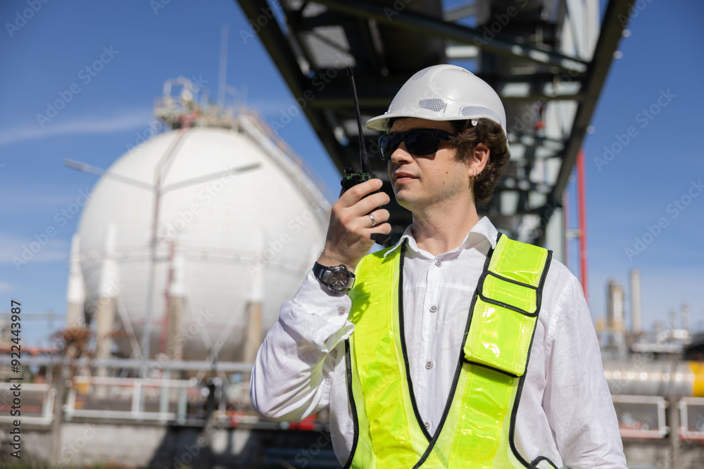 Engineer using a walkie talkie at the oil refinery site