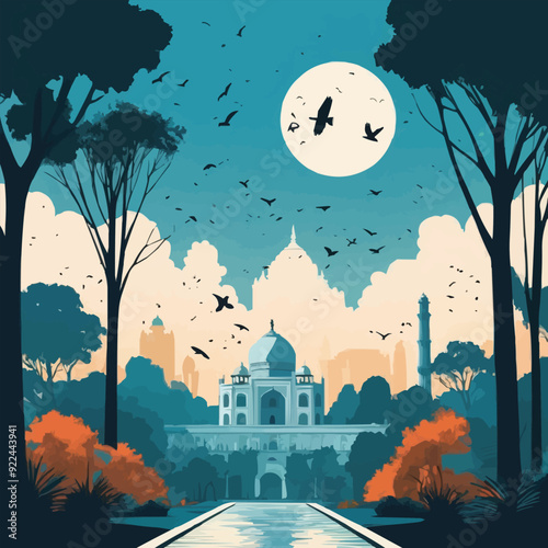 Delhi cityscape with historic monument surrounded by trees and birds in the sky