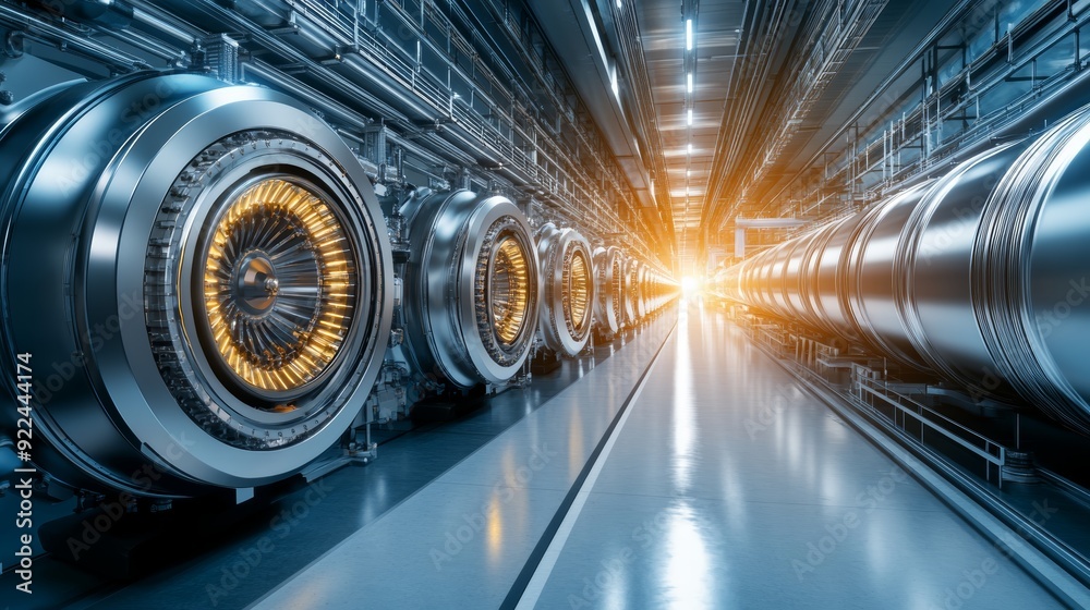 Futuristic industrial setting featuring large machines with glowing components and a bright light at the end of a metallic corridor. Futuristic industrial setting featuring large machines with glowing components and a bright light at the end of a metallic corridor.