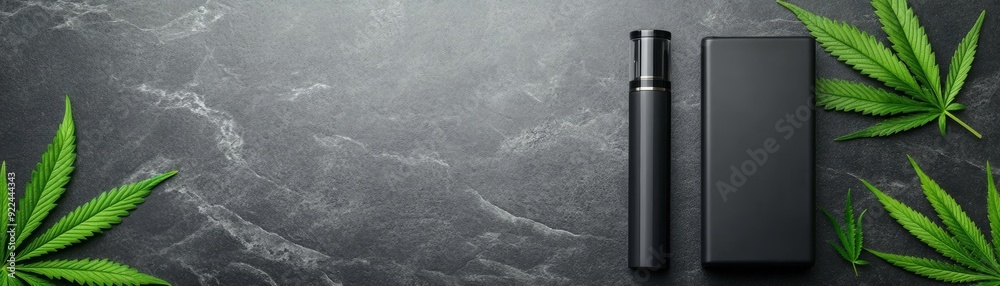 Naklejka premium Stylish vape device with a sleek design, complemented by cannabis leaves on a dark surface. Perfect for modern lifestyle photography.