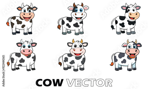 Set of cute cartoon cows in various poses vector illustrator.
