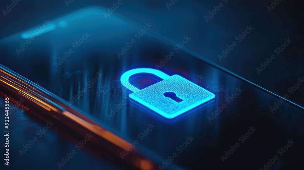A glowing blue padlock icon is displayed on a smartphone screen, symbolizing digital security and data protection. A glowing blue padlock icon is displayed on a smartphone screen, symbolizing digital security and data protection.