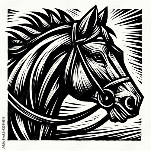 55 Linocut Racing Relief A linocut image of a horse's head with photo