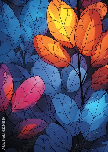 A colorful leafy background with blue, red and orange leaves. The leaves are in different sizes and colors, creating a vibrant and lively atmosphere