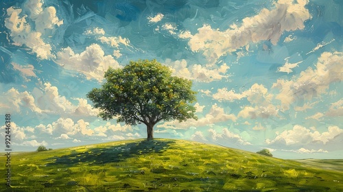 A solitary elm tree on a rolling green meadow under a bright sky with scattered clouds, symbolizing peace and solitude with rich acrylic palette. photo