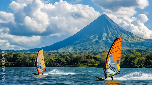 Windsurfers glide across Lake Arenal in Costa Rica, with the Arenal Volcano visible in the backdrop.