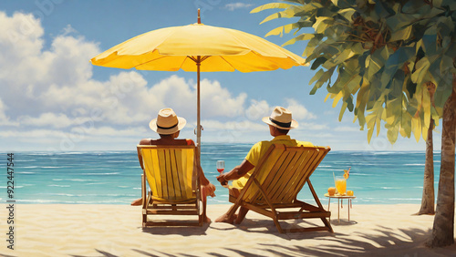On a serene island,deck chairs under a bright yellow umbrella on a sandy beach.