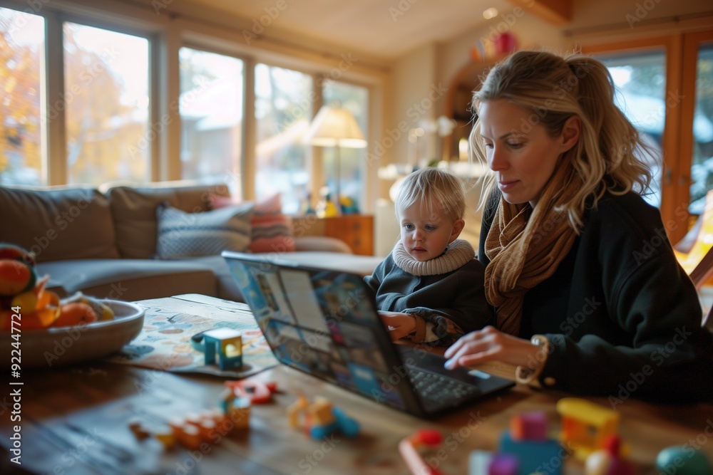 Mother working on laptop while holding toddler. Mother working on laptop while holding toddler.