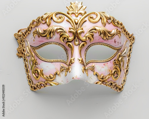 Pink and gold masquerade mask with intricate details, isolated on white background.