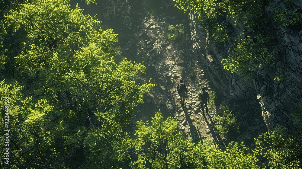 Obraz premium From above, hikers are seen walking through a dense forest on a mountainside, the canopy of leaves creating a dappled pattern of light and shadow on the ground.