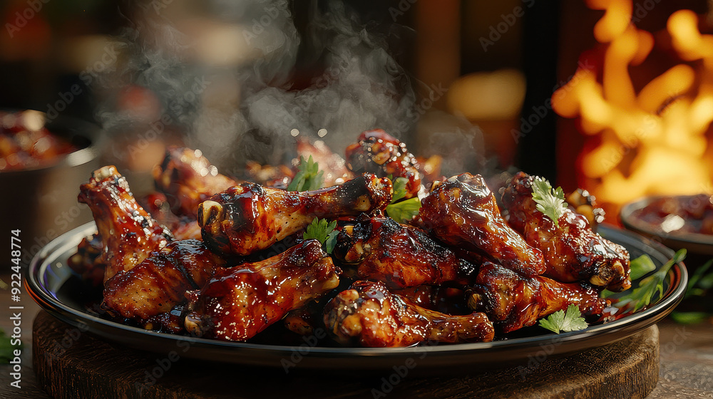A delicious and inviting plate filled with hot, steaming chicken drumsticks, perfectly coated with a thick and flavorful barbecue sauce, presented with a garnish of parsley. A delicious and inviting plate filled with hot, steaming chicken drumsticks, perfectly coated with a thick and flavorful barbecue sauce, presented with a garnish of parsley.