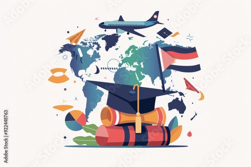 Study abroad concept design of graduation cap, airplane and world education, study foreign with national flag illustration on white background