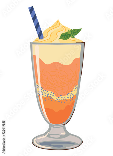 Falooda is a popular cold dessert in Indian cuisine. It contains rose syrup, vermicelli, basil seeds and milk jelly pieces. In Mauritius, it is called Alouda. Flat style vector.