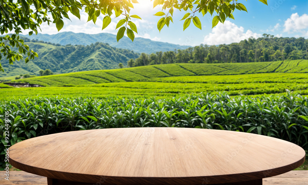 Empty wooden table or wooden desk with tea plantation nature background with green leaves as frame Product display natural background concept Empty wooden table or wooden desk with tea plantation nature background with green leaves as frame Product display natural background concept