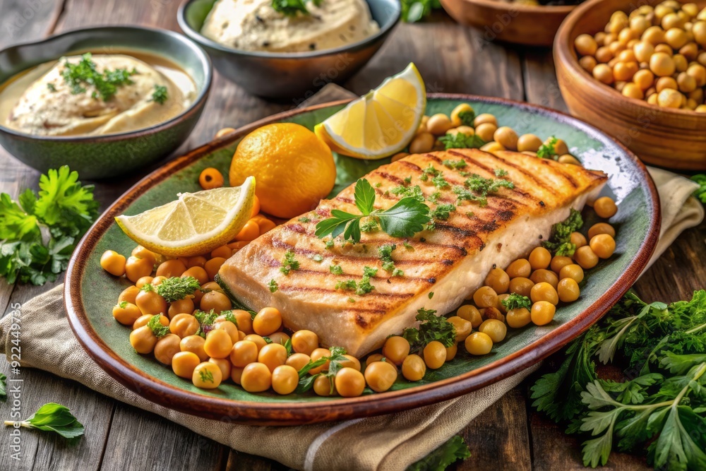 Freshly grilled salmon fillet served on a vibrant platter with roasted chickpeas, tangy lemon, fragrant oregano, crispy pita bread, and a side of creamy hummus. Freshly grilled salmon fillet served on a vibrant platter with roasted chickpeas, tangy lemon, fragrant oregano, crispy pita bread, and a side of creamy hummus.