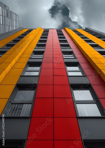 A tall building with red and orange stripes on it. The building is very tall and has many windows. The sky is cloudy and the building looks like it is reaching for the sky