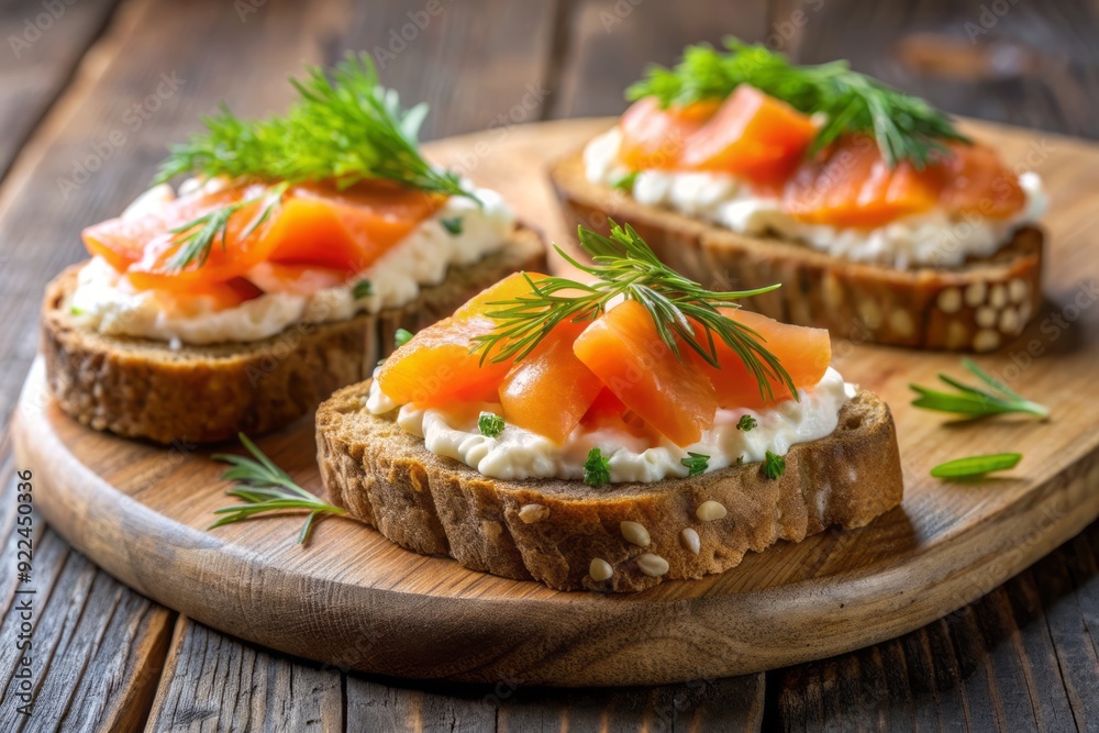 Freshly toasted whole wheat bread topped with a generous layer of cream cheese, delicately adorned with succulent smoked salmon slices and a sprinkle of fresh dill. Freshly toasted whole wheat bread topped with a generous layer of cream cheese, delicately adorned with succulent smoked salmon slices and a sprinkle of fresh dill.