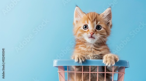 A ginger kitten with big blue eyes peeks over the edge of a blue laundry basket against a light blue background.